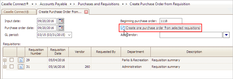 How do I create a single PO from multiple requisitions?